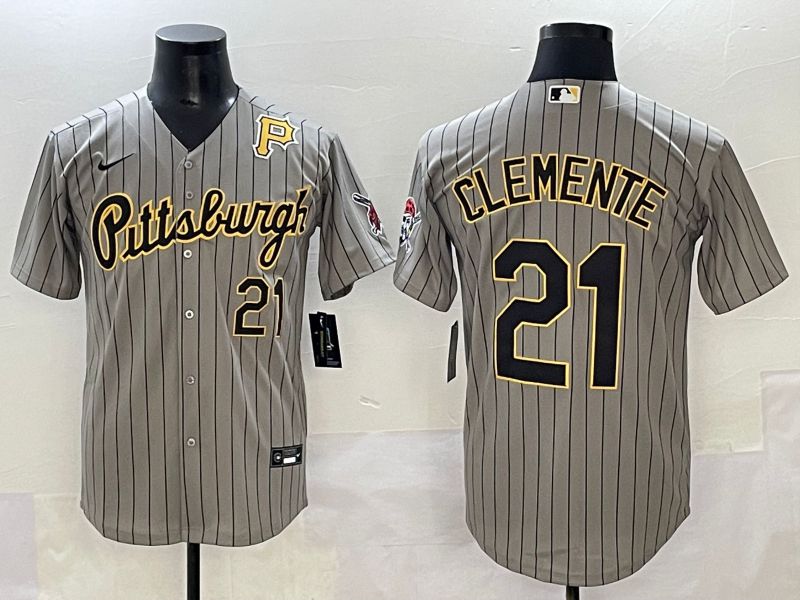 Men 2025 Pittsburgh Pirates #21 Clemente Grey Stripe Throwback Nike MLB Jersey style 3->pittsburgh pirates->MLB Jersey
